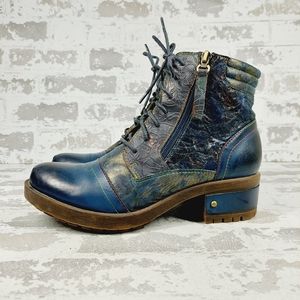 L'Artiste by Spring Step Blue Leather Lace-Up Boho Ankle Boots F358